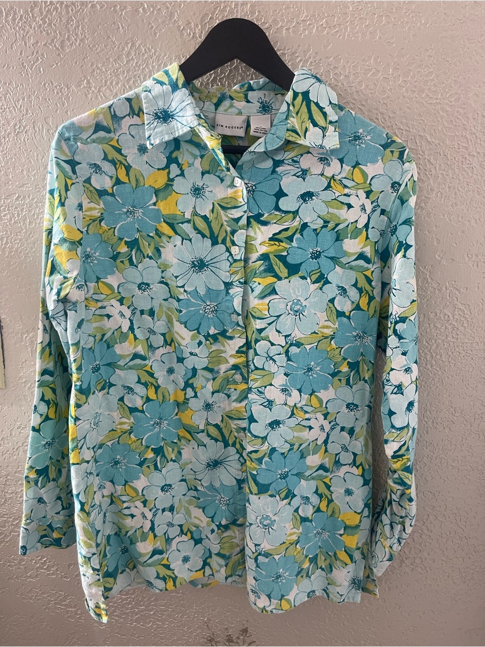 Kim Rogers Casual Aqua and Yellow Floral Linen Shirt Small Adjustable Sleeves - Picture 1 of 7